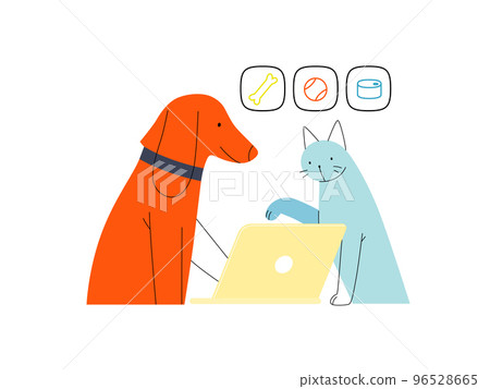Easy shopping - Online shopping and electronic commerce series - modern flat vector concept illustration of pets doing an order online on laptop. Promotion, discounts, sale and online orders concept Easy shopping - Online shopping and electronic commerce series - modern flat vector concept illustration of pets doing an order online on laptop. Promotion, discounts, sale and online orders concept 96528665