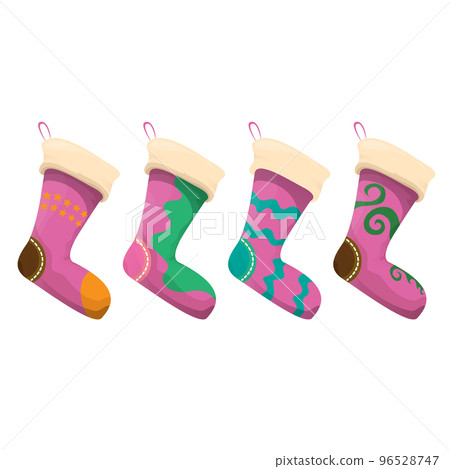 vector cartoon cute pink and ugly christmas socks with color ornament isolated on white background. Merry Christmas vector greeting card, background, banner and poster with socks and stockings vector cartoon cute pink and ugly christmas socks with color ornament isolated on white background. Merry Christmas vector greeting card, background, banner and poster with socks and stockings 96528747
