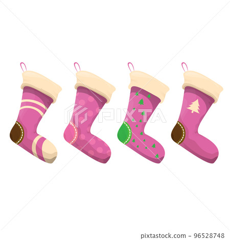 vector cartoon cute pink and ugly christmas socks with color ornament isolated on white background. Merry Christmas vector greeting card, background, banner and poster with socks and stockings vector cartoon cute pink and ugly christmas socks with color ornament isolated on white background. Merry Christmas vector greeting card, background, banner and poster with socks and stockings 96528748