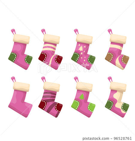 vector cartoon cute pink and ugly christmas socks with color ornament isolated on white background. Merry Christmas vector greeting card, background, banner and poster with socks and stockings 96528761