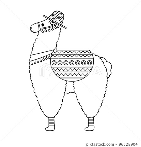Cute lama in a hat with a saddle. Symbol of Mexico and Peru. Sketch for coloring, vector 96528904