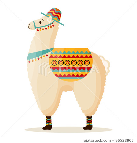 Cute llama in a hat with a saddle, Mexican alpaca. Symbol of Mexico and Peru. Illustration, vector 96528905