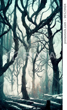 Cold foggy morning in spooky forest illustration Cold foggy morning in spooky forest illustration 96529404