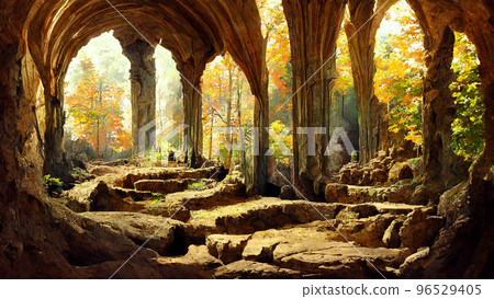 Medieval style and features forest cave illustration 96529405