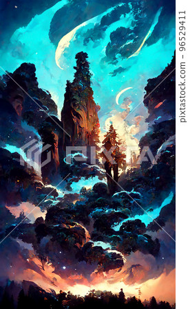 forest adventures in the night sky illustration forest adventures in the night sky illustration 96529411