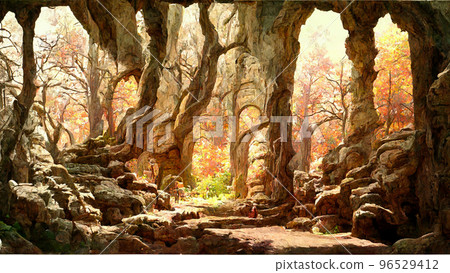 Medieval style and features forest scene cave illustration Medieval style and features forest scene cave illustration 96529412
