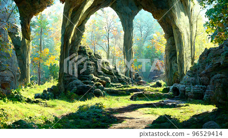 Medieval style and features forest scene cave illustration Medieval style and features forest scene cave illustration 96529414