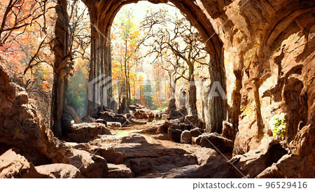 Medieval style and features forest scene cave illustration Medieval style and features forest scene cave illustration 96529416