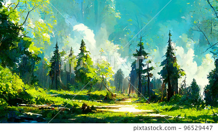 forest in the sunny morning illustration 96529447