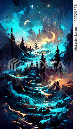 forest in the night starry sky illustration 96529768