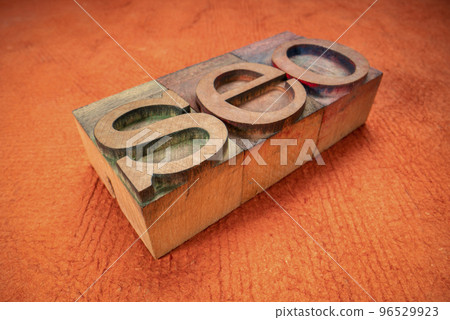 SEO acronym in letterpress wood type SEO acronym in letterpress wood type 96529923