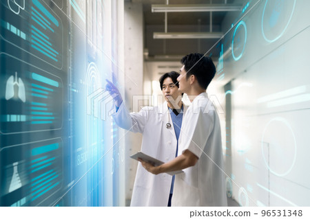 Male staff working in a cyberpunk medical setting 96531348