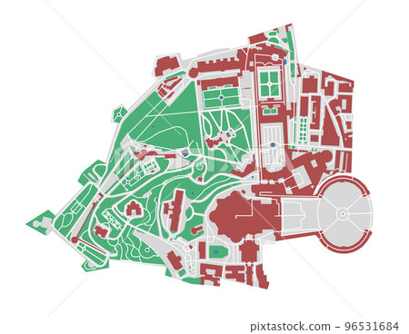 Vatican map. Detailed map of Vatican city administrative area. Cityscape urban panorama. Outline map with buildings, water, forest. 96531684