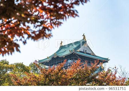 [紅葉]秋天的大阪城公園[大阪城天守閣] 96531751