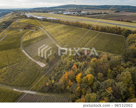 Aerial view Famous German Wine Region Moselle River Lay and Guels village Autumn Fall colors 96532002
