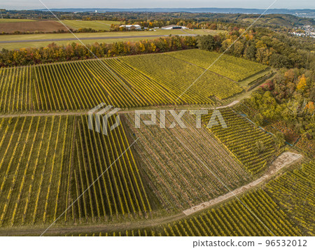 Aerial view Famous German Wine Region Moselle River Lay and Guels village Autumn Fall colors 96532012