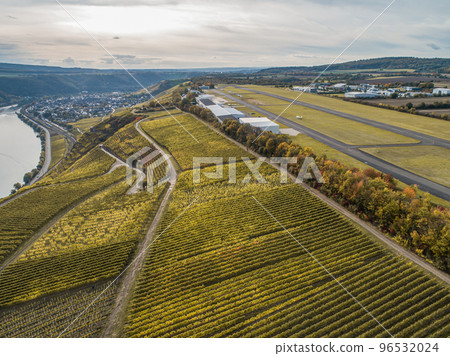 Aerial view Famous German Wine Region Moselle River Lay and Guels village Autumn Fall colors 96532024