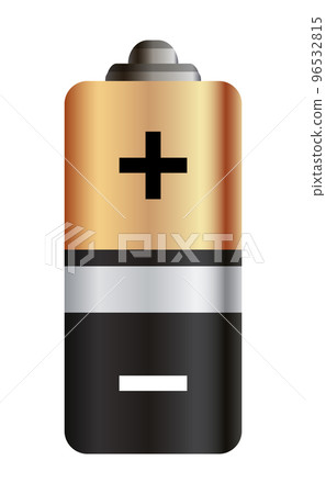 Battery. Glossy gold and black realistic alkaline or rechargeable battery. Design blank mockup template for branding. Vector graphic element, isolated on white Battery. Glossy gold and black realistic alkaline or rechargeable battery. Design blank mockup template for branding. Vector graphic element, isolated on white 96532815