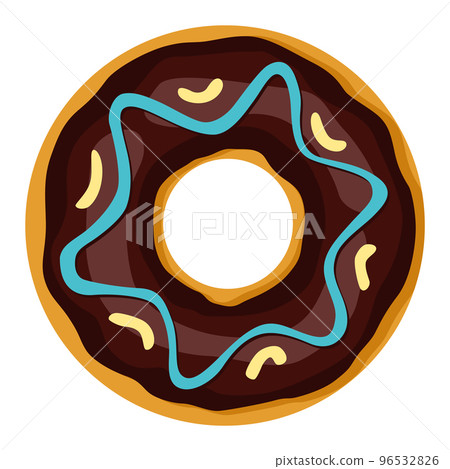 Donut. Top view sweet dessert into glaze for menu design, cafe decoration or delivery box. Candy food with sprinkles. Traditional breakfast Donut. Top view sweet dessert into glaze for menu design, cafe decoration or delivery box. Candy food with sprinkles. Traditional breakfast 96532826