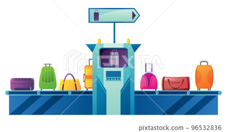 Airport conveyor belt with passenger luggage bag and police scanner. Terminal checkpoint vector concept. Vector illustration of diverse baggage in flat design Airport conveyor belt with passenger luggage bag and police scanner. Terminal checkpoint vector concept. Vector illustration of diverse baggage in flat design 96532836