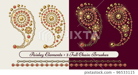 Paisley ornament in vintage jewelry style. Element made of gold ball beads, chains, red rhinestones, gems on white and red background. Vector illustration. Two chain pattern brushes extra Paisley ornament in vintage jewelry style. Element made of gold ball beads, chains, red rhinestones, gems on white and red background. Vector illustration. Two chain pattern brushes extra 96533115