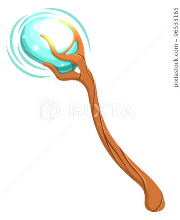 Magic staff icon. Cartoon wizard weapon. Fantasy stick Magic staff icon. Cartoon wizard weapon. Fantasy stick 96533165