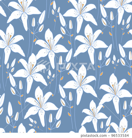 White hand drawn lily flowers seamless pattern. 96533584