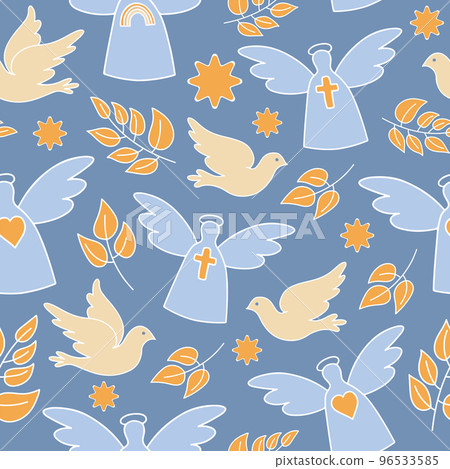 Dove and Angel seamless pattern on blue background. Christian symbol seamless pattern. 96533585