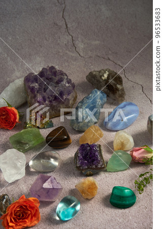 various gem stones on a gray background various gem stones on a gray background 96533683