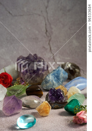 various gem stones on a gray background various gem stones on a gray background 96533684