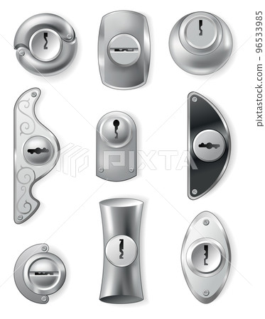 Metal or steel secure keyholes. Element for door locks, templates. Realistic silver or chrome key holes mockup isolated on white background Metal or steel secure keyholes. Element for door locks, templates. Realistic silver or chrome key holes mockup isolated on white background 96533985
