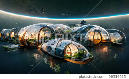 Spectacular space colony glass dome house. Digital art 3D illustration Spectacular space colony glass dome house. Digital art 3D illustration 96534915