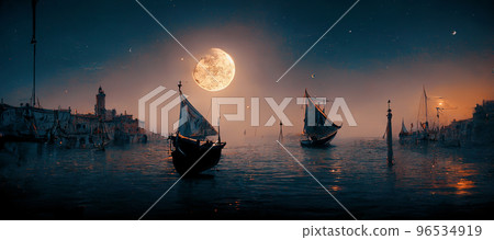 Spectacular fantasy coast town with sailing ship. Digital art 3D illustration. Spectacular fantasy coast town with sailing ship. Digital art 3D illustration. 96534919
