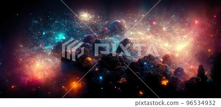 Spectacular digital art 3D illustration iridescent nebula background. 96534932