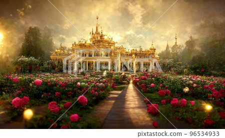 Spectacular fantasy palace with garden of flower. Digital art 3D illustration. 96534933