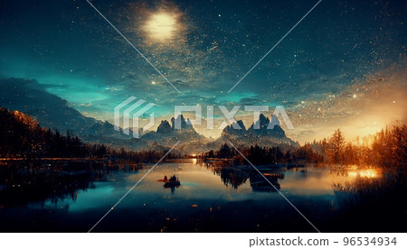 Spectacular digital art 3D illustration of panoramic mountain in starry night. 96534934