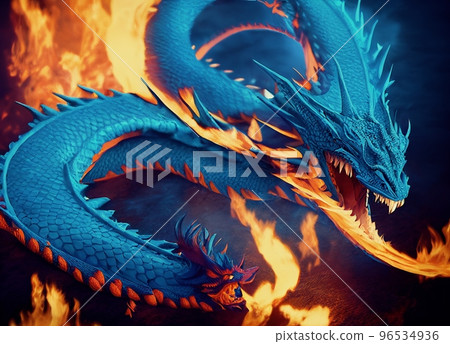 Spectacular blue lung dragon with flame background. Digital art 3D illustration. 96534936