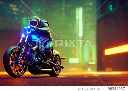 Spectacular digital art 3D illustration of a cyberpunk rider on a future bike. 96534937