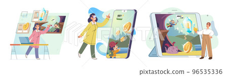 Play to earn games created on basis of blockchain project with elements of NFT, gamification content 96535336