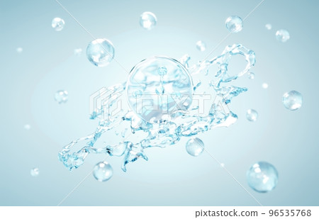 Cosmetics Hydro Essence water for moisturizer. Liquid splash bubble or molecule chemical structure on water background. Cosmetics Hydro power treatment. Purifying natural product. 3d rendering. 96535768