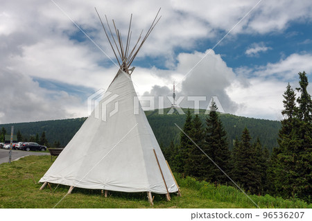Indian teppe tent under Praded , the highest hill of Jesenik mountains, Czech republic. 96536207
