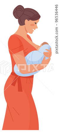Happy mother hold newborn. Motherhood icon. Loving parent Happy mother hold newborn. Motherhood icon. Loving parent 96536446