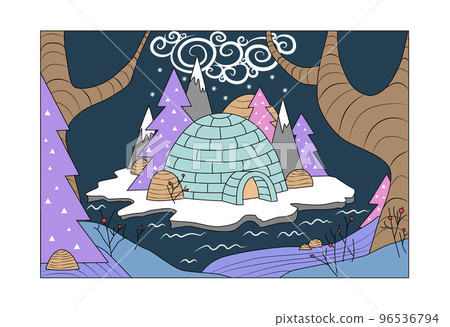 Igloo made from ice bricks. Fairy north illustration.  96536794