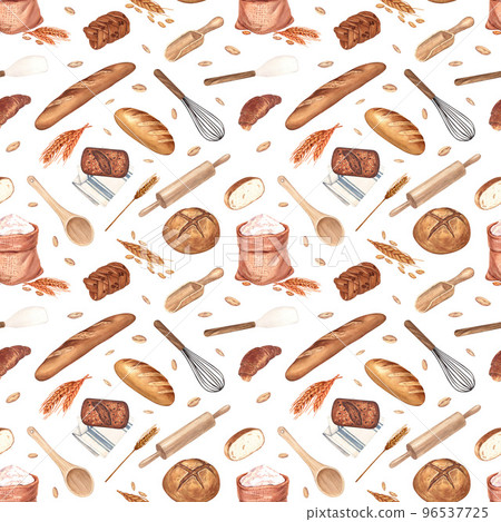 Watercolor seamless pattern cooking utensils and bread . Illustration on white background. Isolated on white background cafe, restaurant menu element. 96537725