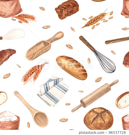 Watercolor seamless pattern cooking utensils and bread . Illustration on white background. Isolated on white background cafe, restaurant menu element. Watercolor seamless pattern cooking utensils and bread . Illustration on white background. Isolated on white background cafe, restaurant menu element. 96537726