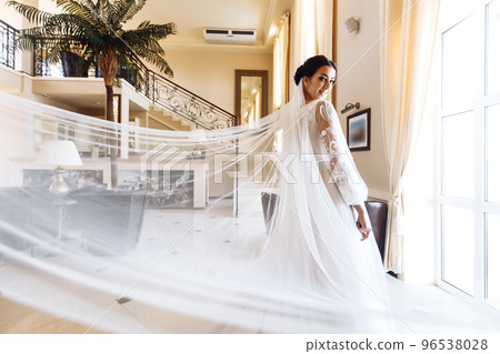 Beautiful bride in fashion wedding dress with a long luxury veil. The stunning young bride is incredibly happy. 96538028