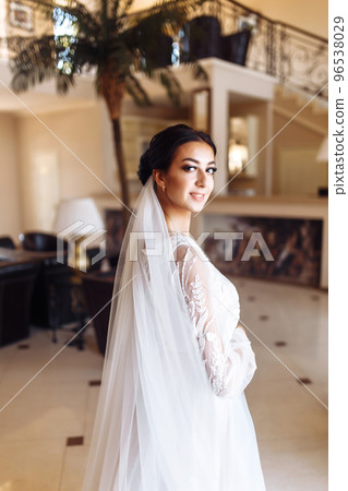 Beautiful bride in fashion wedding dress with a long luxury veil. The stunning young bride is incredibly happy. 96538029