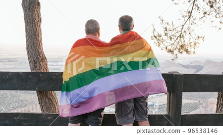 Back view of a male couple embracing each other while holding an LGBT rainbow flag outdoors. Back view of a male couple embracing each other while holding an LGBT rainbow flag outdoors. 96538146
