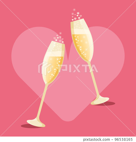 Two glasses of champagne with bubbles isolated on a pink heart background Two glasses of champagne with bubbles isolated on a pink heart background 96538165