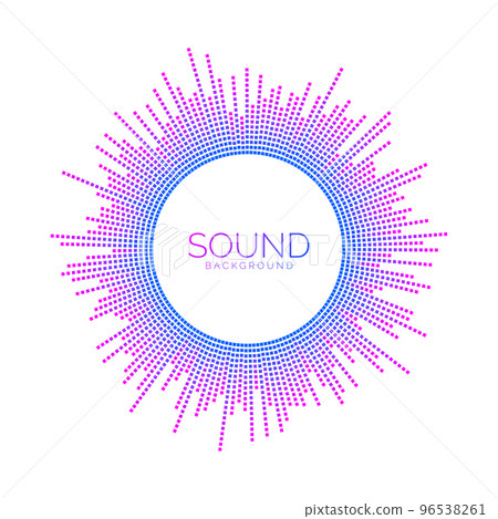 Circle sound wave visualisation. Pixelated music player equaliser. Radial audio signal or vibration element. Voice recognition. Epicentre, target, radar, radio concept. Circle sound wave visualisation. Pixelated music player equaliser. Radial audio signal or vibration element. Voice recognition. Epicentre, target, radar, radio concept. 96538261